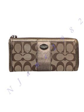 Coach Wallet Signature Monogram Bronze Tan Metallic Stripe Canvas & Leather Zip